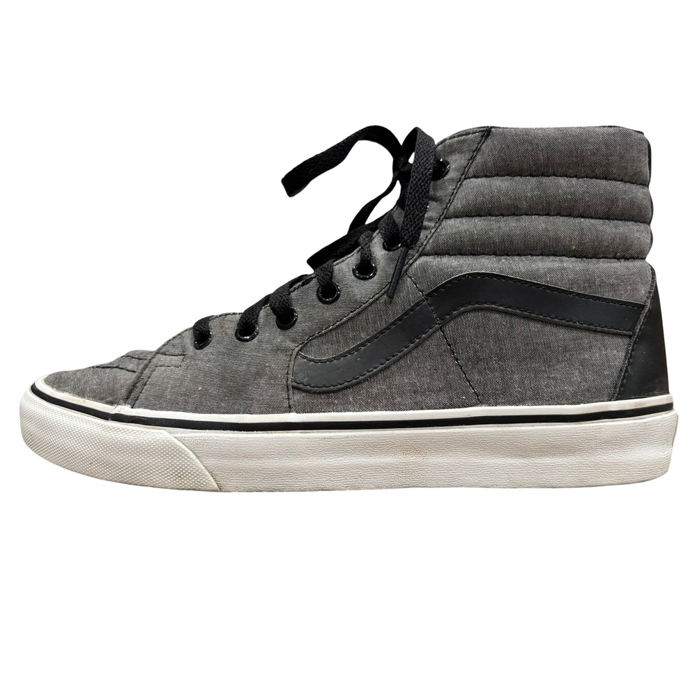 Vans Sk8-Hi High Top Sneakers Mens Grey Chambray Black Leather Skate Shoes